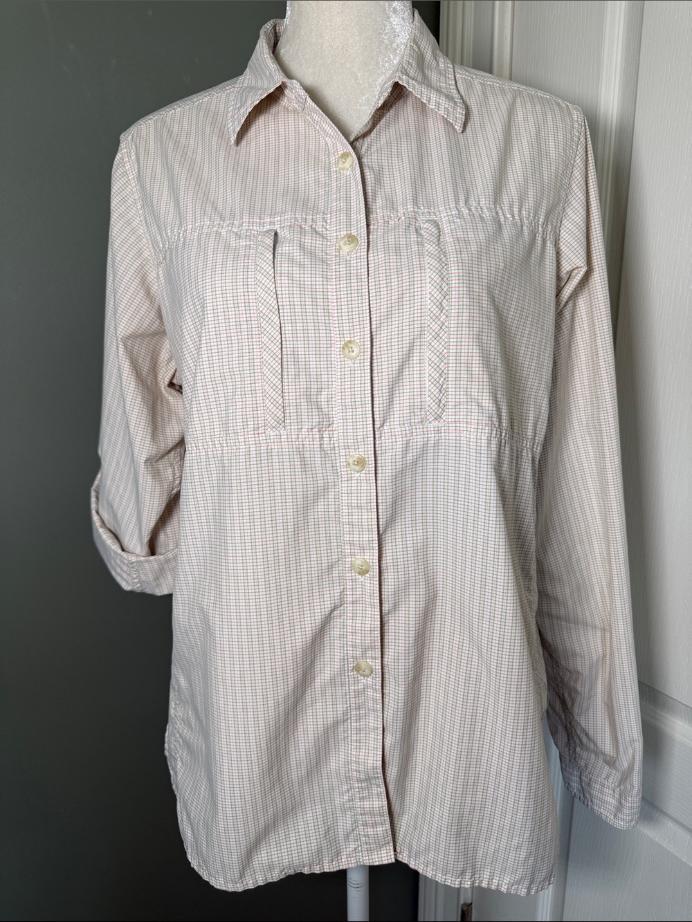 ExOfficio Plaid Button Front Hiking Travel Shirt Roll Tab Sleeves Large
